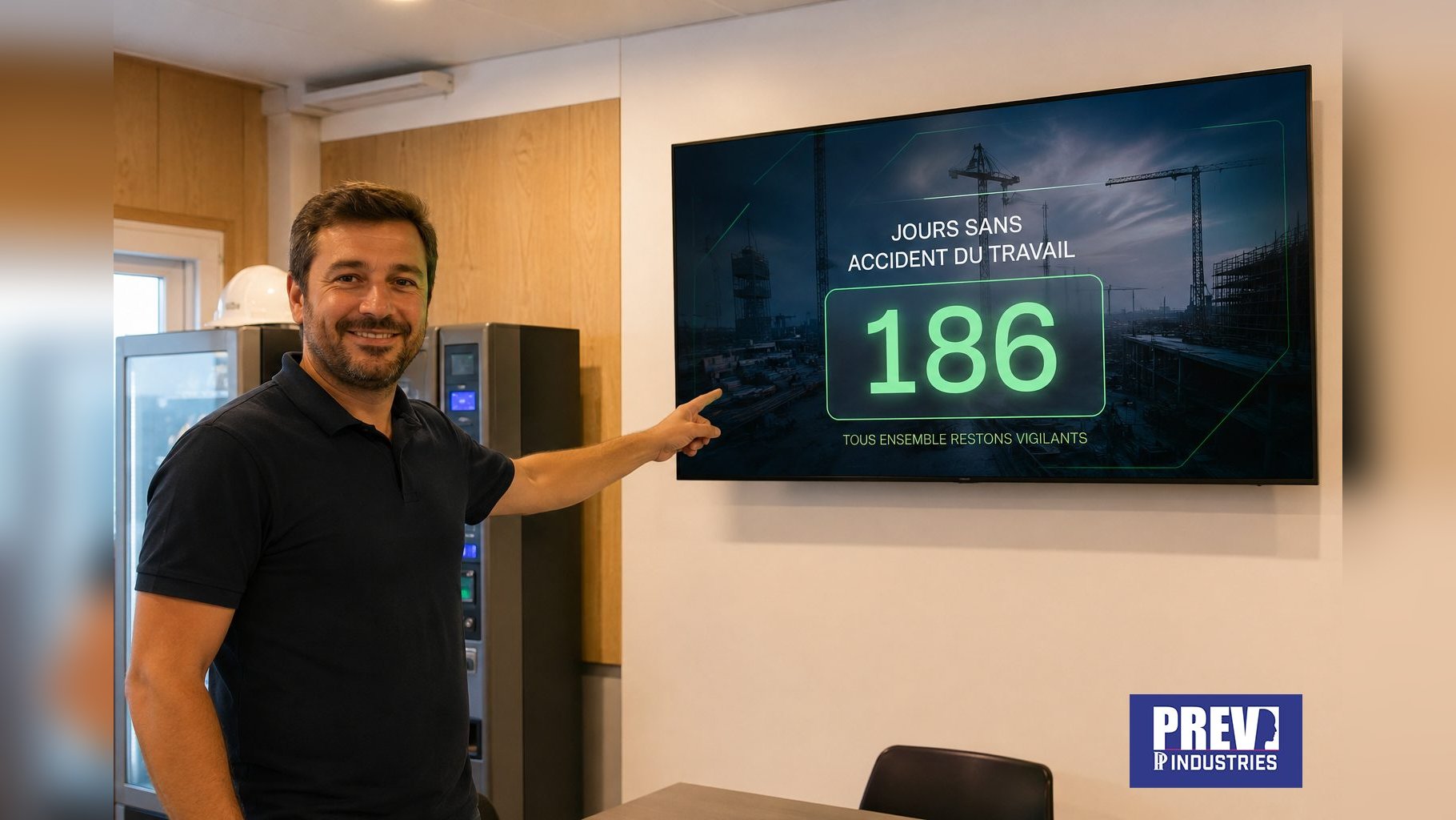 Panneau afficheur de jours sans accident PREV INDUSTRIES en salle de pause, secteur BTP