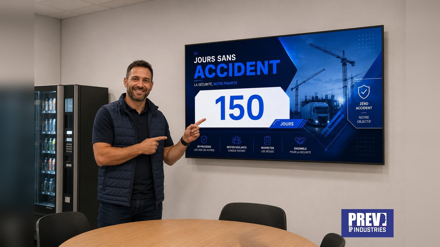 Compteur de jours sans accident PREV INDUSTRIES personnalisé aux couleurs de l'entreprise en salle de pause
