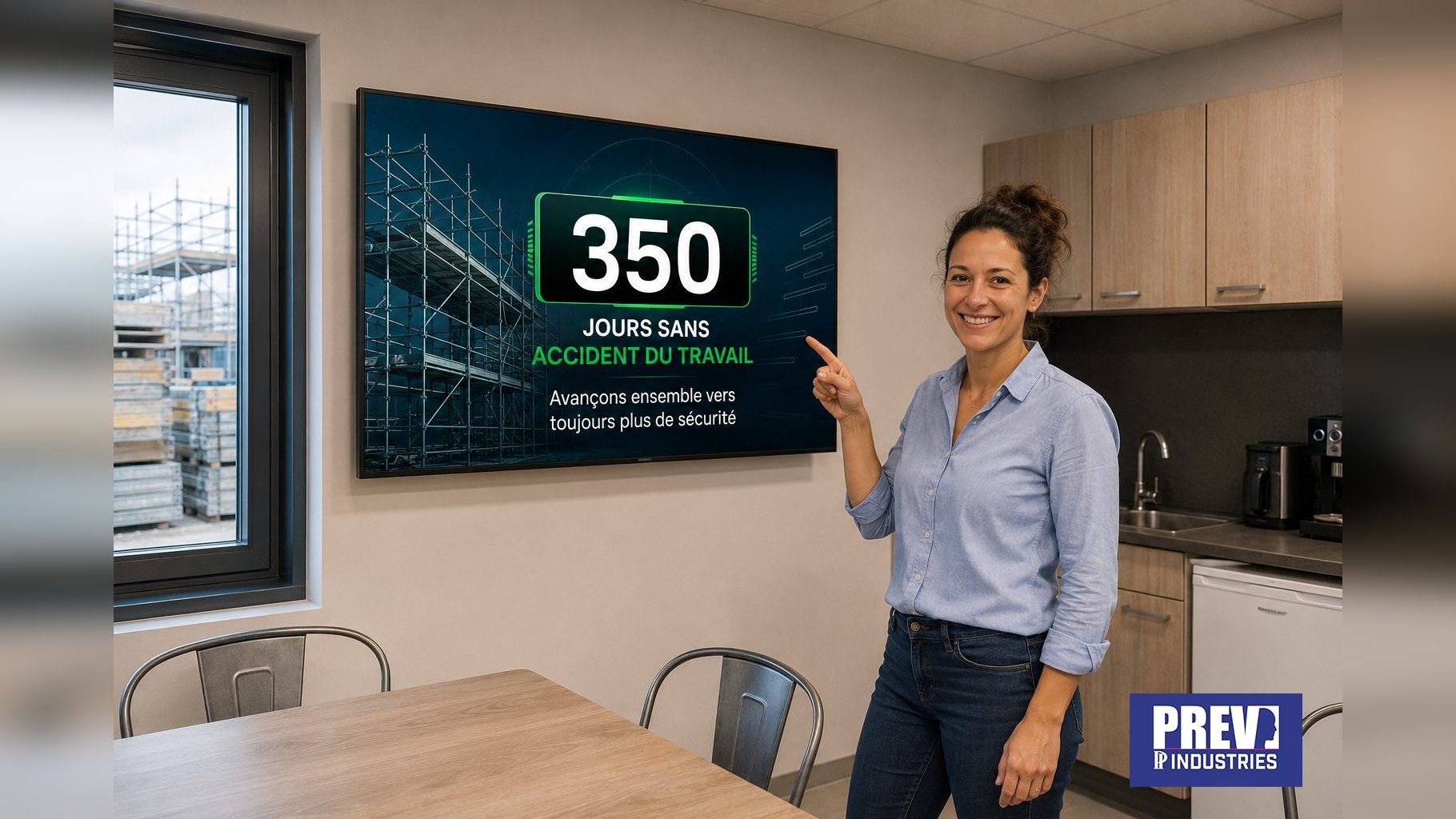 Compteur de jours sans accident PREV INDUSTRIES affiché sur écran dans un environnement BTP