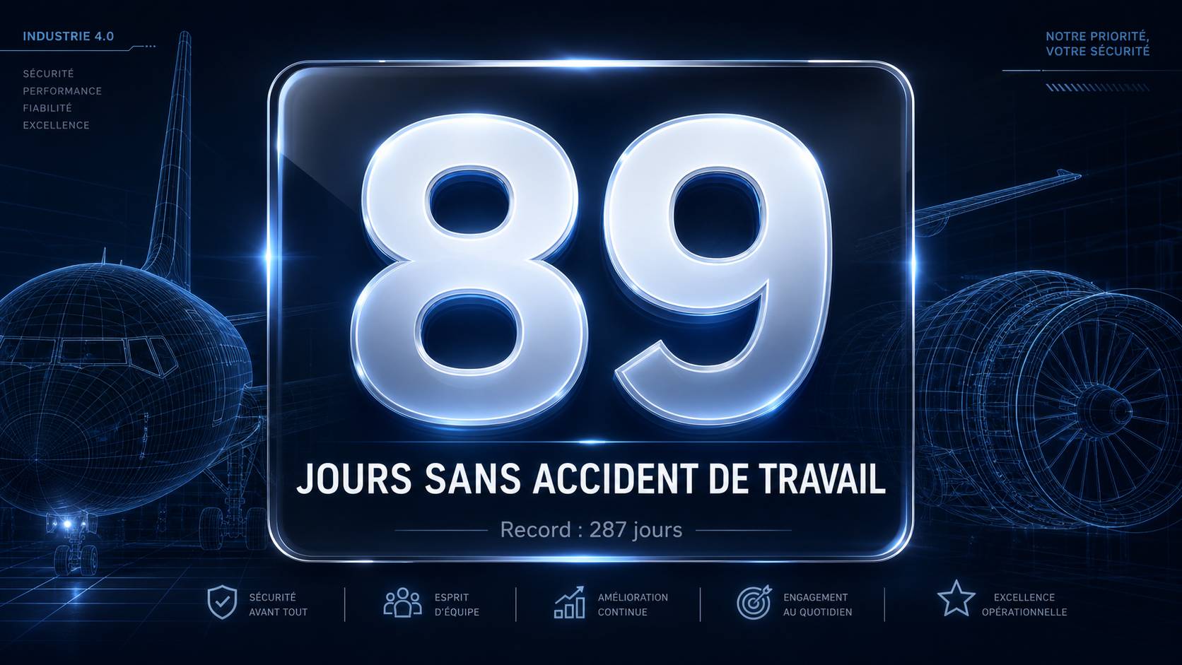 Compteur de jours sans accident PREV INDUSTRIES en atelier de maintenance aéronautique