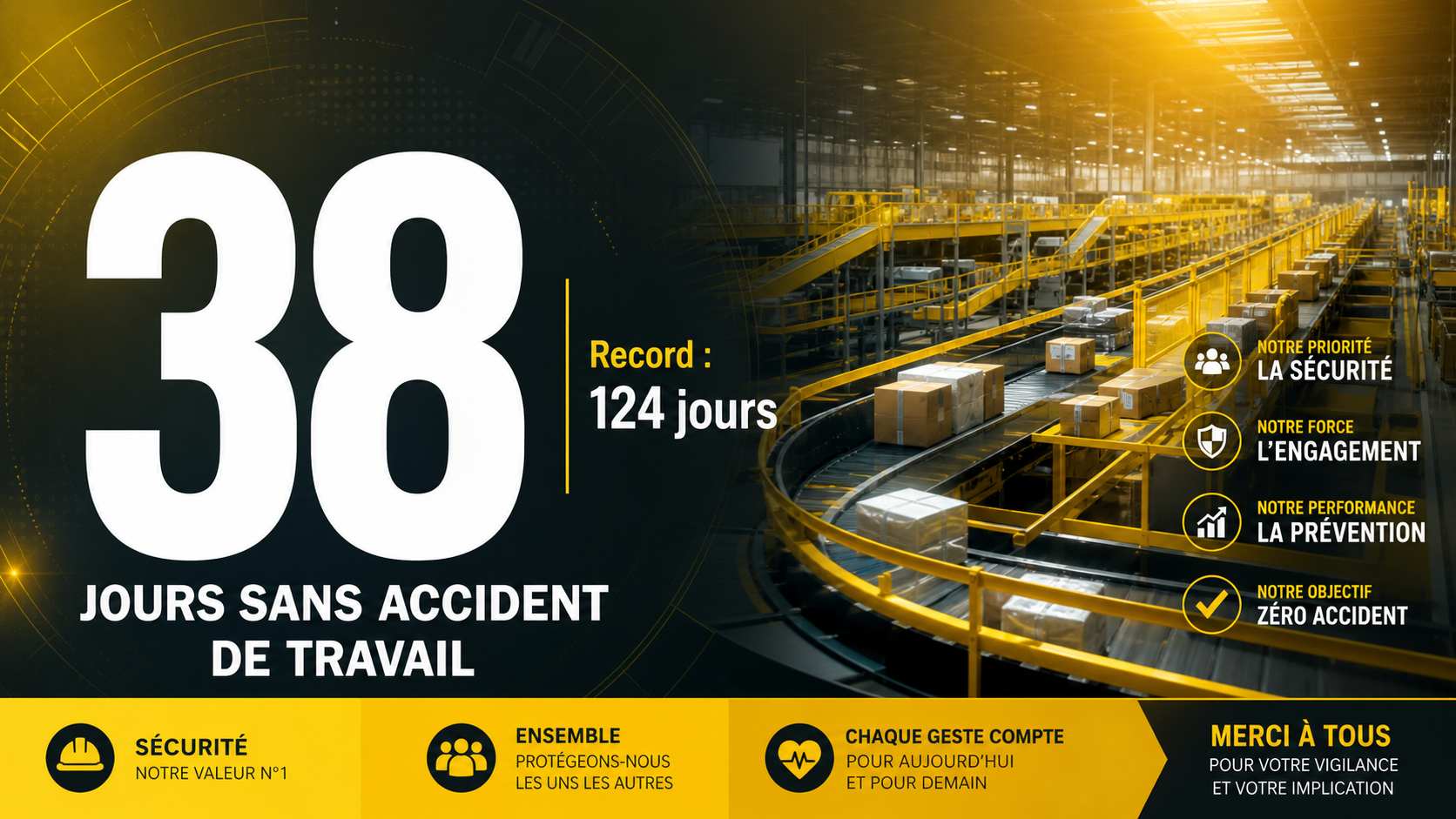Compteur de jours sans accident PREV INDUSTRIES en entrepôt logistique