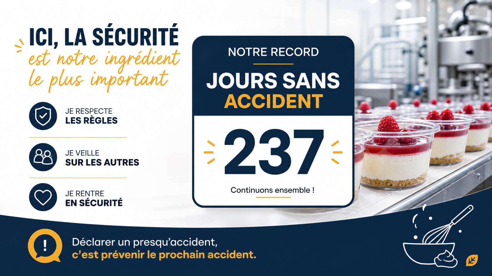Compteur de jours sans accident PREV INDUSTRIES accompagné de messages de prévention sur écran