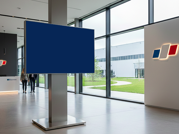 Écran de sécurité industrielle dans un hall d'accueil d'usine