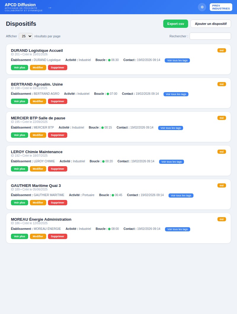Interface PREV INDUSTRIES - vue tablette