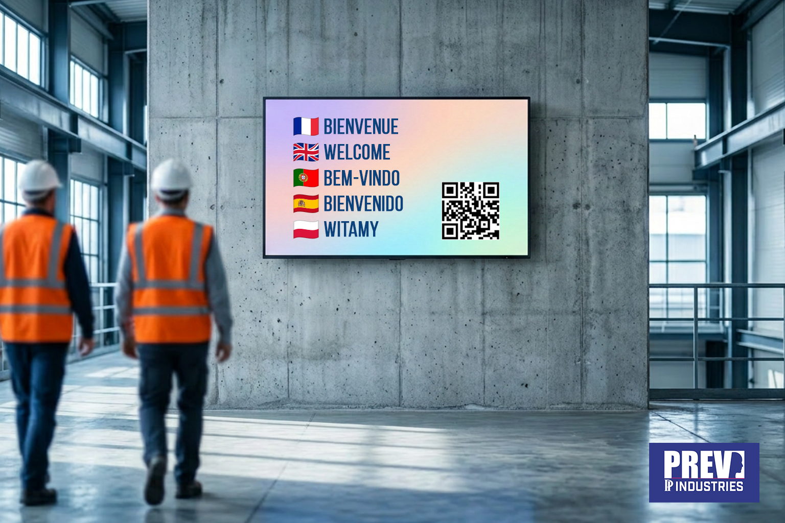 Accueil sécurité multilingue des intérimaires diffusé par PREV INDUSTRIES sur écran d'entrée de site industriel