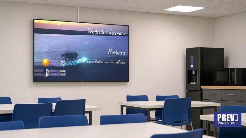 Écran connecté PREV INDUSTRIES affichant un message de cohésion d'équipe pour la fête du jour