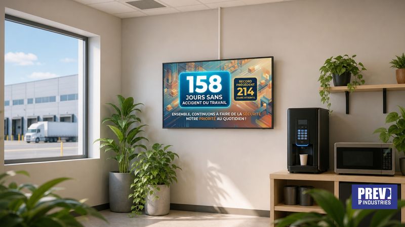 Écran connecté PREV INDUSTRIES affichant un compteur de jours sans accident, conforme ISO 45001