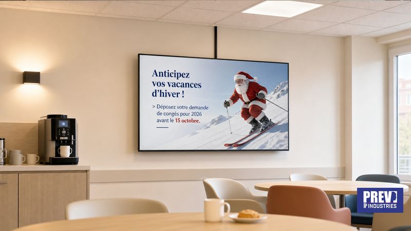 Écran connecté PREV INDUSTRIES affichant une information RH sur la période de déclaration des congés