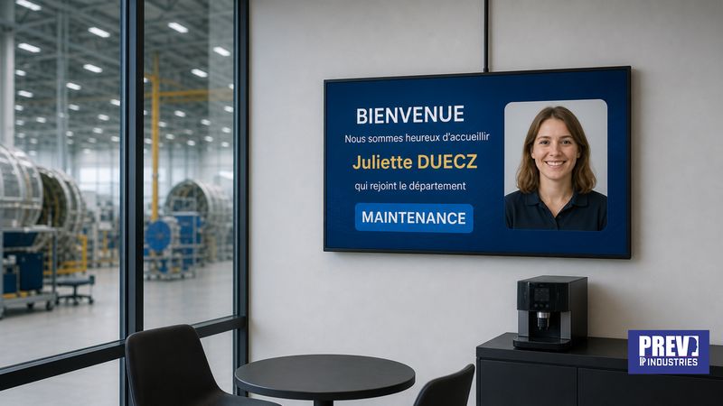 Écran connecté PREV INDUSTRIES affichant un message de bienvenue à l'accueil d'une entreprise industrielle