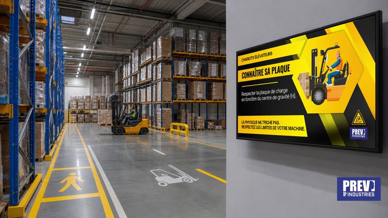 Écran connecté PREV INDUSTRIES diffusant les règles de prévention CACES et permis de conduire chariot