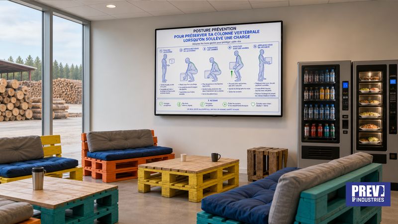 Écran connecté PREV INDUSTRIES diffusant un clip de prévention des TMS, gestes et postures