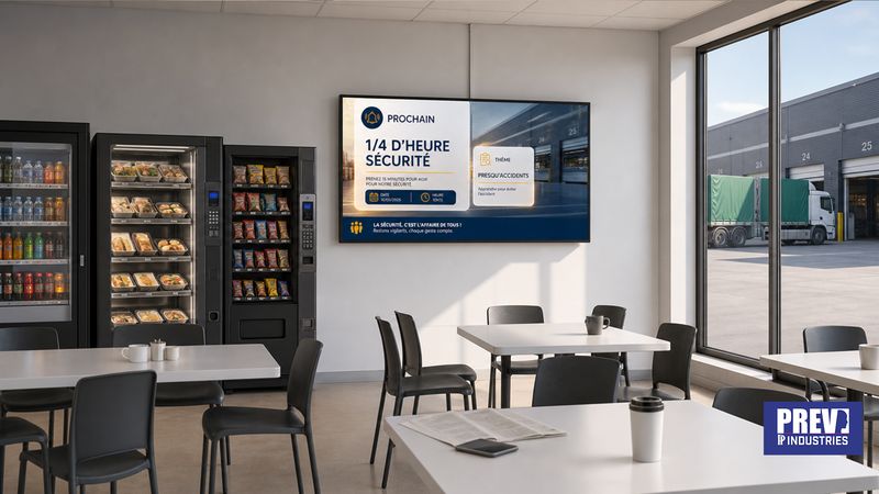Écran connecté PREV INDUSTRIES annonçant le rendez-vous du quart d'heure sécurité