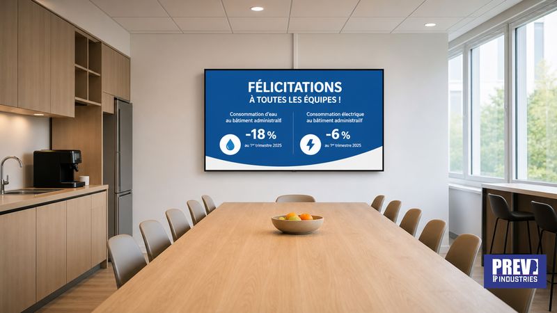 Écran connecté PREV INDUSTRIES affichant les consommations d'électricité, de gaz et d'eau, conforme ISO 50001