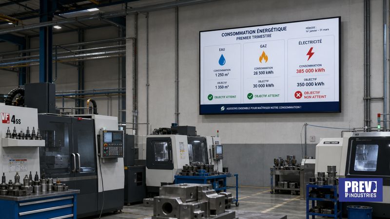 Écran connecté PREV INDUSTRIES affichant un tableau de bord de pilotage KPI, conforme ISO 9001