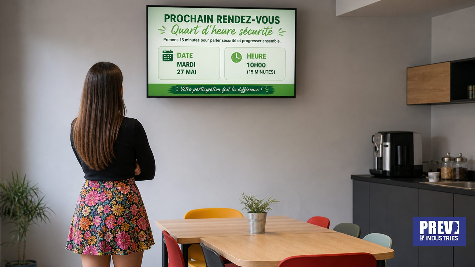 Animateur menant un quart d'heure sécurité en atelier devant une affiche PREV INDUSTRIES
