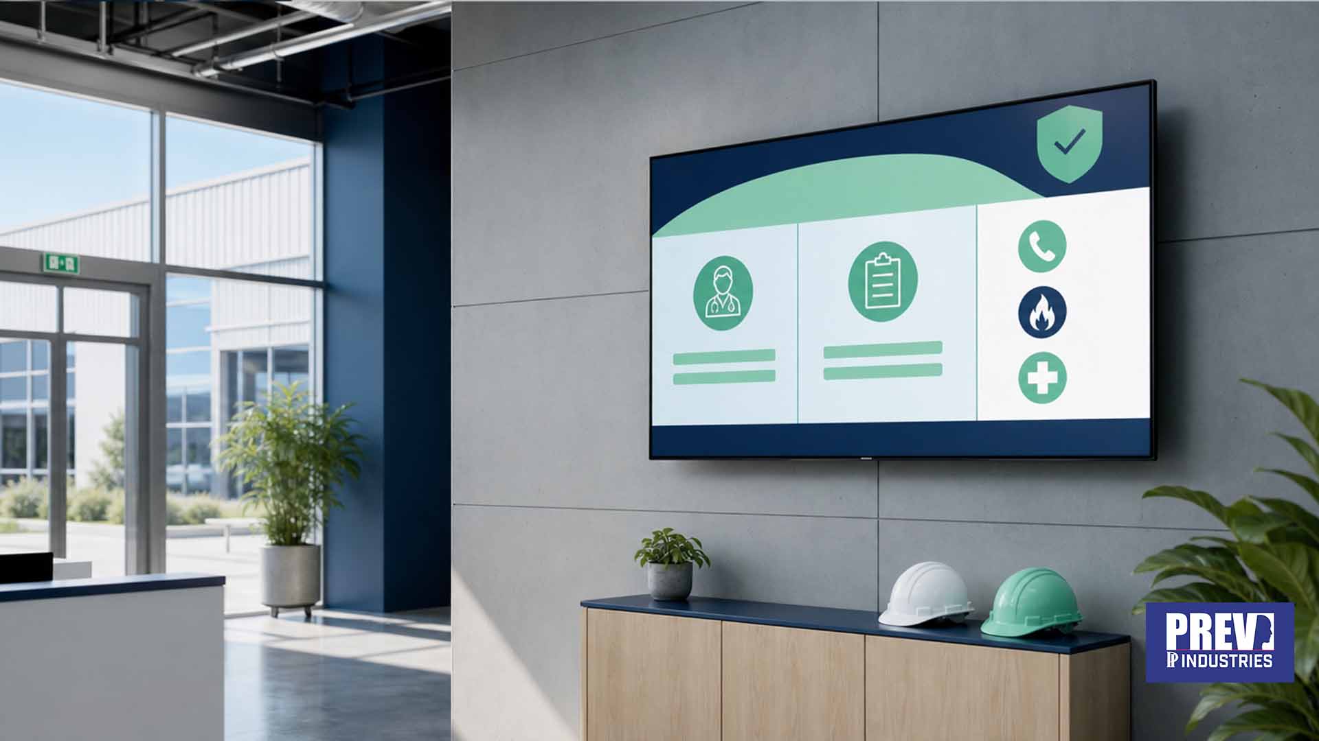 Écran connecté PREV INDUSTRIES affichant les coordonnées de l'inspection du travail et les numéros d'urgence à l'accueil d'une entreprise
