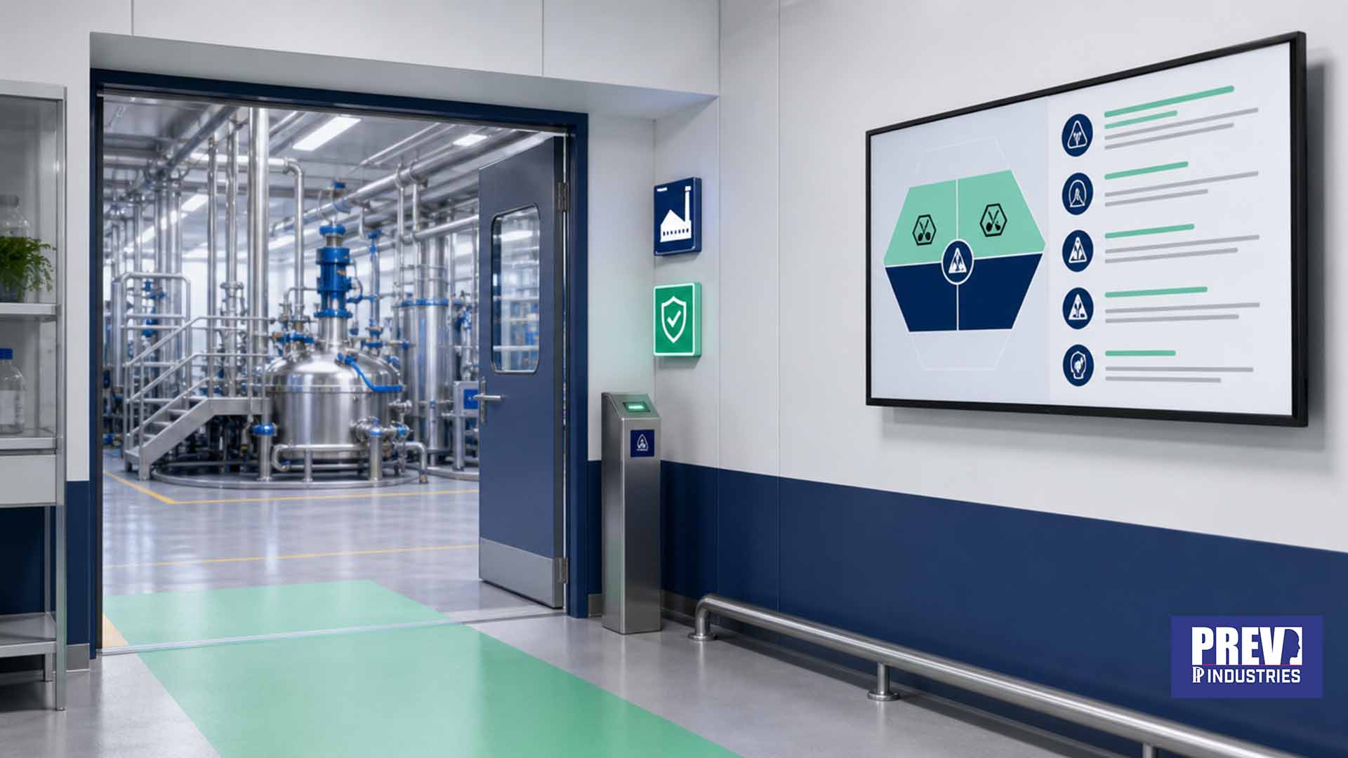 Écran connecté PREV INDUSTRIES affichant le zonage et les consignes ATEX à l'entrée d'un atelier à risque d'explosion