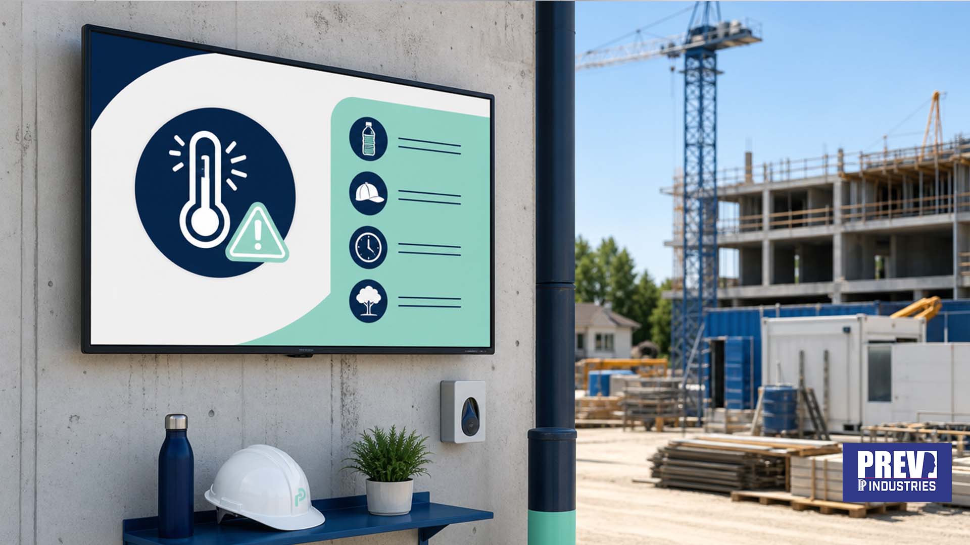 Écran connecté PREV INDUSTRIES affichant une alerte canicule et les consignes de prévention chaleur sur un chantier BTP