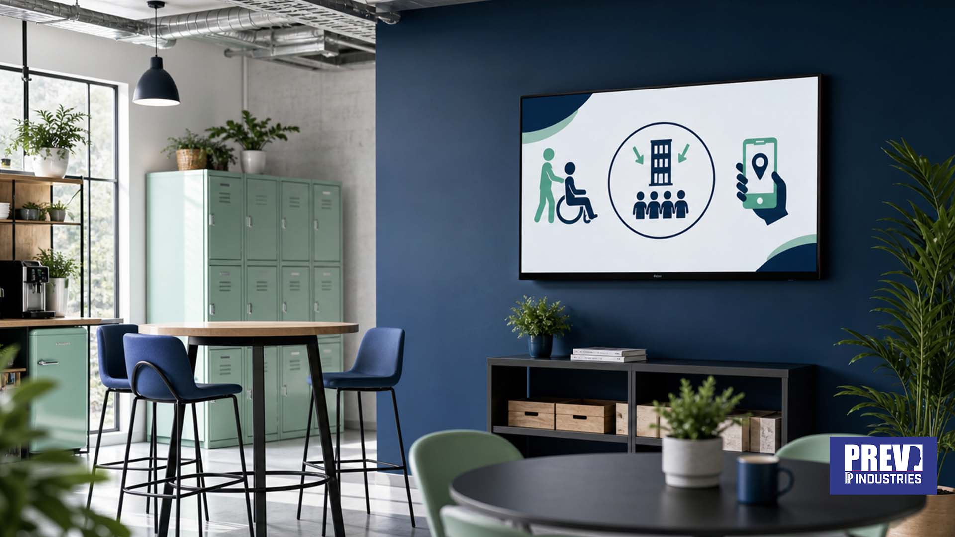 Écran connecté PREV INDUSTRIES affichant les consignes d'évacuation incendie dans le couloir d'un établissement médico-social classé ERP type J