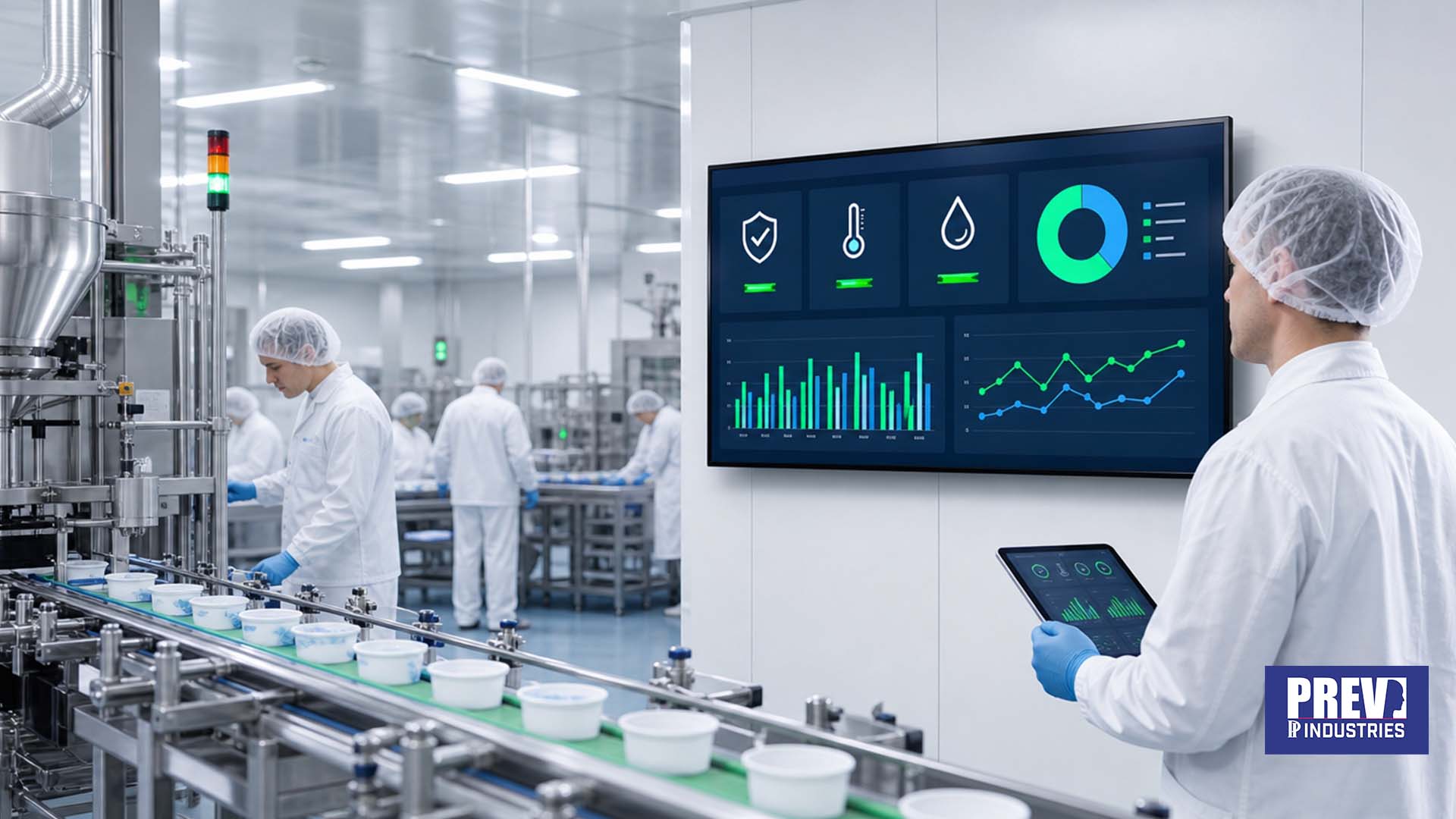 Écran connecté PREV INDUSTRIES affichant les indicateurs food safety et allergènes, conforme IFS Food, en salle de production agroalimentaire