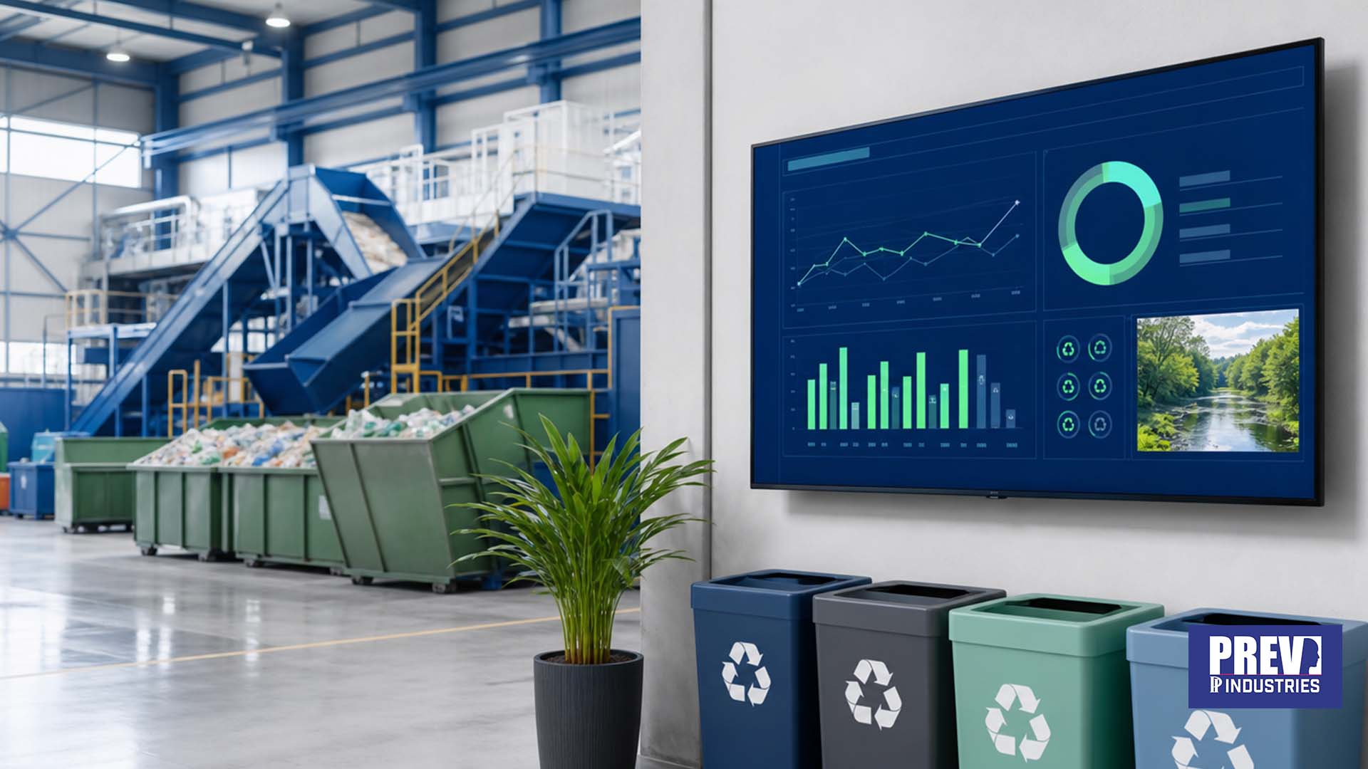 Écran connecté PREV INDUSTRIES affichant un tableau de bord environnemental, consommations et déchets, conforme ISO 14001