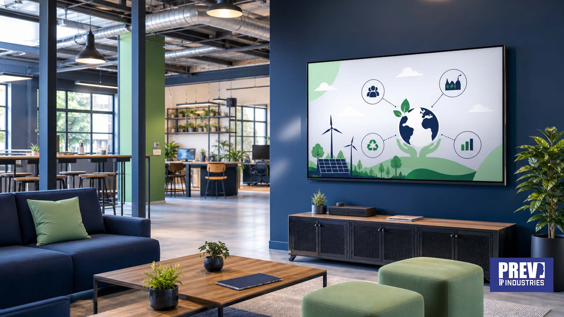 Écran connecté PREV INDUSTRIES affichant des engagements et résultats RSE aux couleurs de l'entreprise, en lien avec ISO 26000