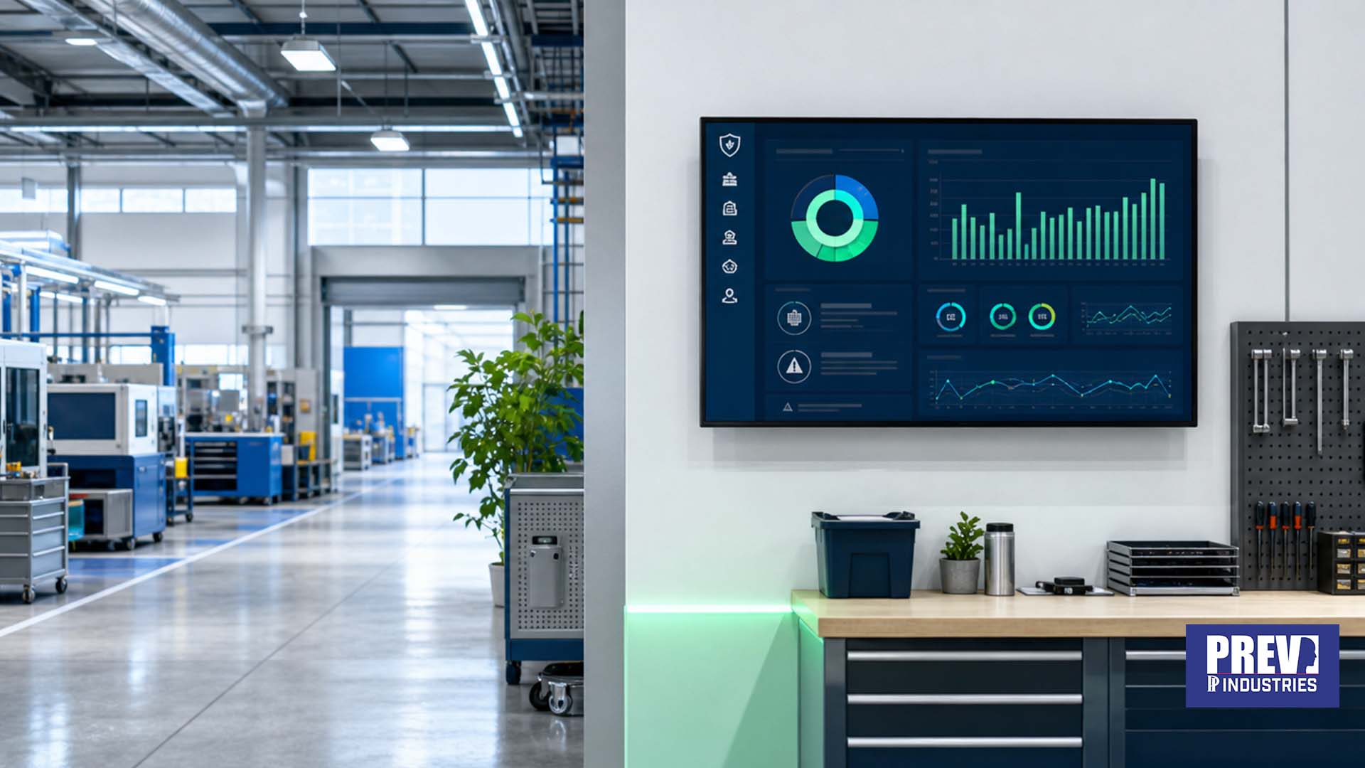 Écran connecté PREV INDUSTRIES affichant un tableau de bord santé-sécurité au travail, conforme ISO 45001, dans un atelier industriel