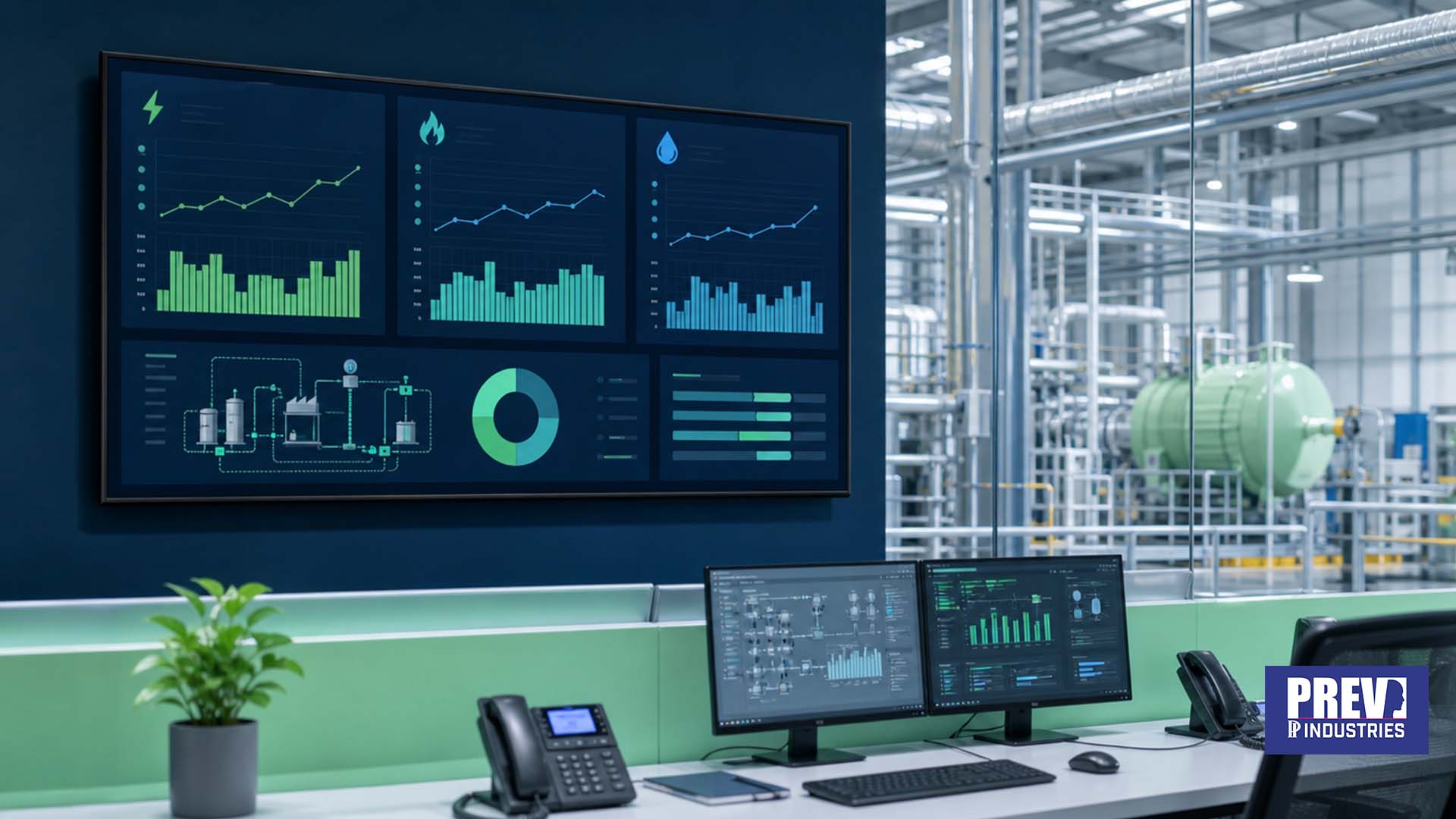 Écran connecté PREV INDUSTRIES affichant un tableau de bord des consommations énergétiques, conforme ISO 50001, en salle de supervision industrielle