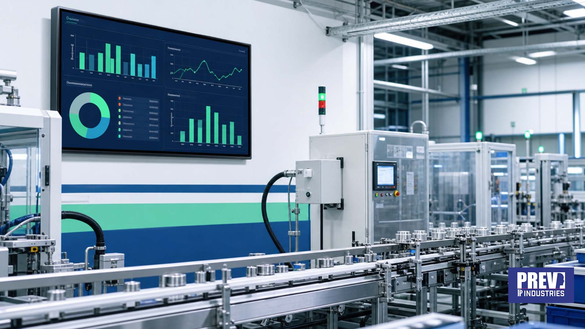 Écran connecté PREV INDUSTRIES affichant un tableau de bord qualité, taux de rebut et non-conformités, conforme ISO 9001