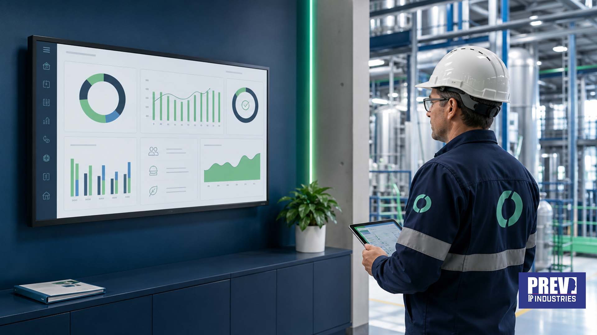 Écran connecté PREV INDUSTRIES affichant les indicateurs SSE d'une entreprise intervenante, conforme au référentiel MASE, sur un site industriel