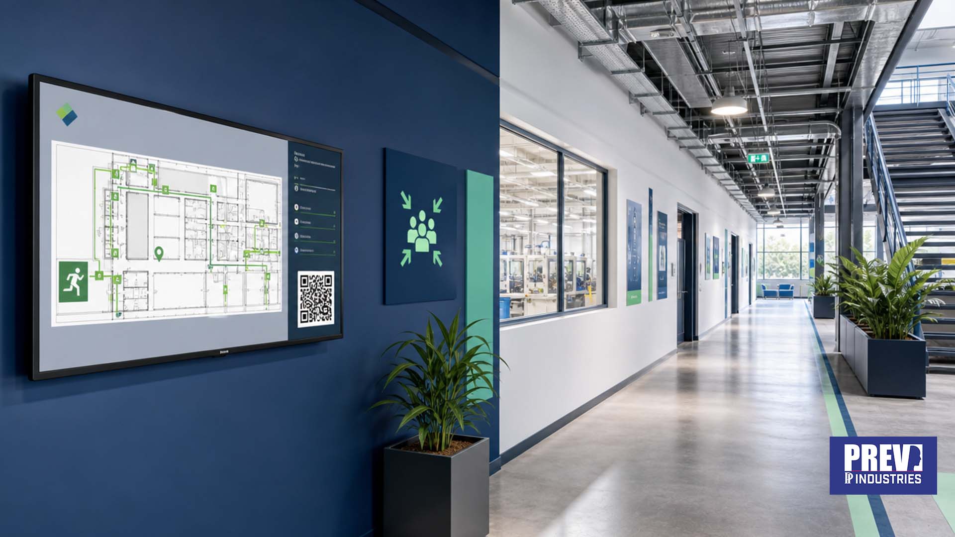 Écran connecté PREV INDUSTRIES affichant un plan d'évacuation dynamique avec QR code, conforme NF X08-070